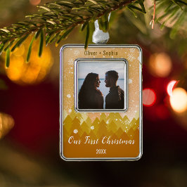 私たちの初めてのクリスマス金ゴールドスノーウィーインターイテーマ シルバープレートフレームオーナメント