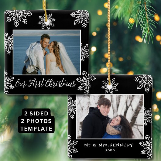 私たちの初めてのクリスマス2写真ホワイトスノーフレーク黒 セラミックオーナメント