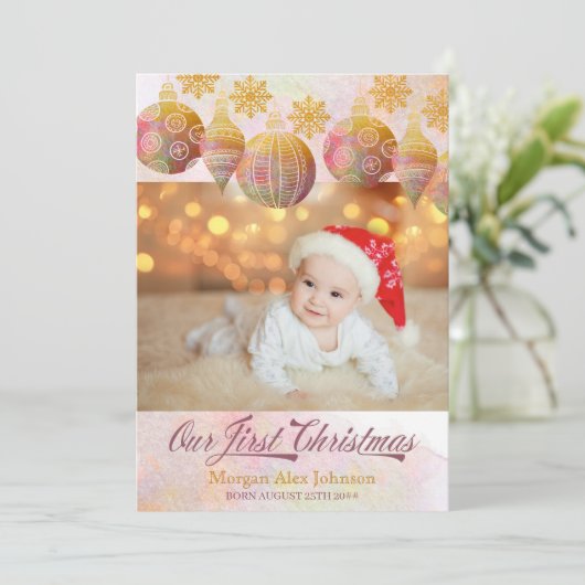 私たちの初めてのクリスマス3フォトホリデーオーナメント誕生 案内状 (スタンド正面)