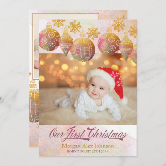 私たちの初めてのクリスマス3フォトホリデーオーナメント誕生 案内状 (正面/裏面)