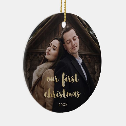 私たちの初めてのクリスマス |の写真結婚金ゴールドスクリプト セラミックオーナメント (右)