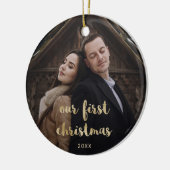 私たちの初めてのクリスマス |の写真結婚金ゴールドスクリプト セラミックオーナメント (左)