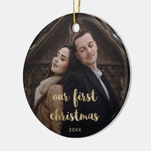 私たちの初めてのクリスマス |の写真結婚金ゴールドスクリプト セラミックオーナメント (左)