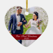 私たちの初めてのクリスマス ウェディング フォト ハート セラミックオーナメント (正面)