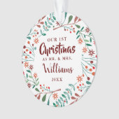 私たちの初めてのクリスマス ホリデー フラワーミスター ミセス フォト オーナメント (正面)