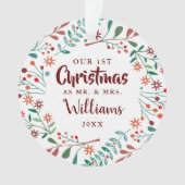 私たちの初めてのクリスマス ホリデー フラワーミスター ミセス フォト オーナメント (正面)