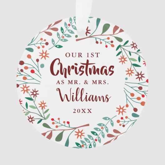 私たちの初めてのクリスマス ホリデー フラワーミスター ミセス フォト オーナメント (正面)