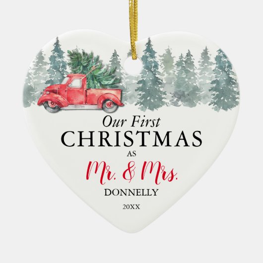 私たちの初めてのクリスマス |ヴィンテージレッドトラック セラミックオーナメント (正面)