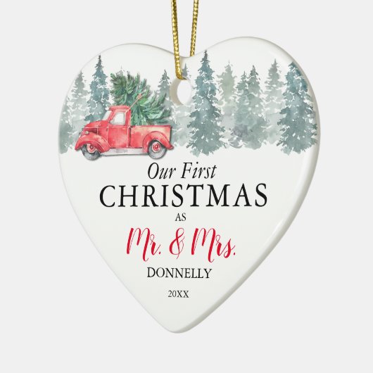 私たちの初めてのクリスマス |ヴィンテージレッドトラック セラミックオーナメント (左)