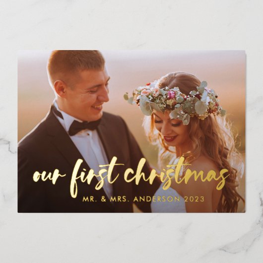 私たちの初めてのクリスマス |写真モダン2枚 箔シーズンカード (正面)