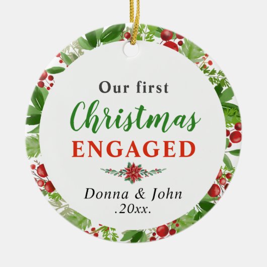 私たちの初めてのクリスマス 婚約した |水彩リース セラミックオーナメント (正面)