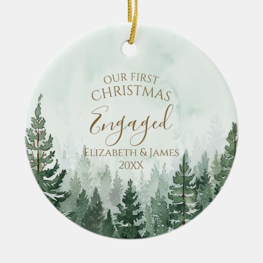 私たちの初めてのクリスマス 婚約記念の写真 松の木の森 セラミックオーナメント (正面)