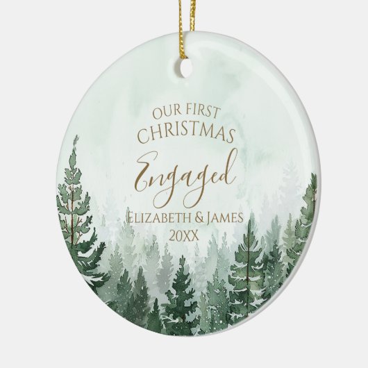 私たちの初めてのクリスマス 婚約記念の写真 松の木の森 セラミックオーナメント (左)