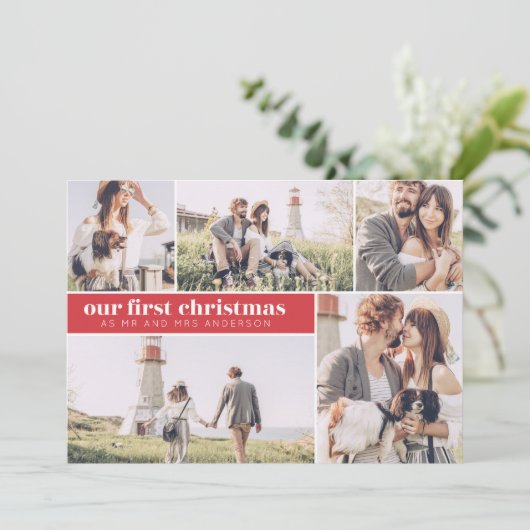 私たちの初めてのクリスマス 現代的な写真コラージュ クリスマス 案内状 (スタンド正面)
