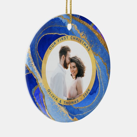 私たちの初めてのクリスマス |青と金ゴールドのGeode写真C セラミックオーナメント (右)