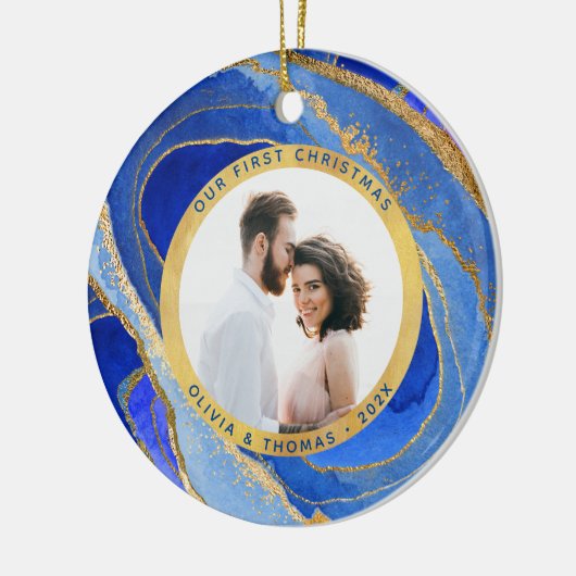私たちの初めてのクリスマス |青と金ゴールドのGeode写真C セラミックオーナメント (左)