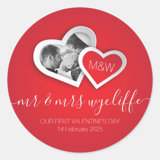 私たちの初めてのバレンタインデー　ハート写真 ラウンドシール (正面)