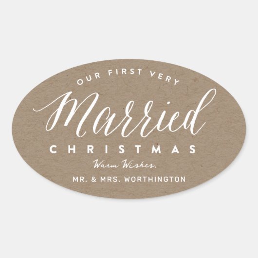 私たちの初めての結婚したクリスマス Mr & Mrs ウェディング 楕円形シール (正面)