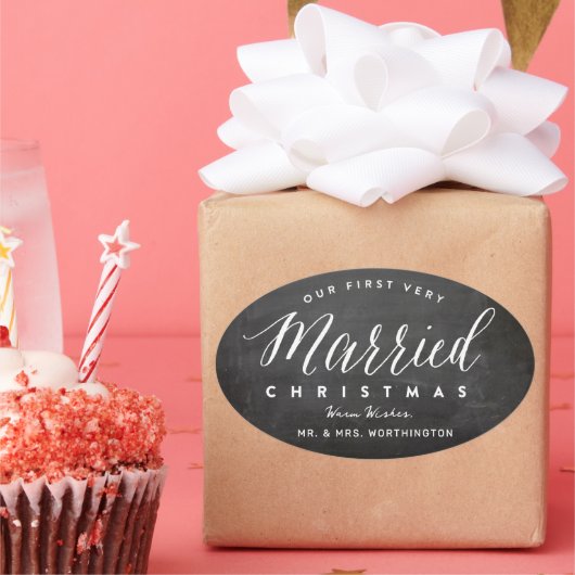 私たちの初めての結婚クリスマス ミスター&ミセス ウェディング 楕円形シール (パーティー)