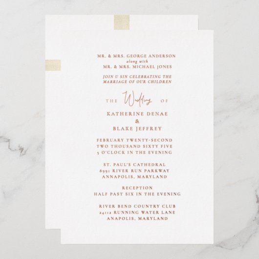 私たちの前の十字架は両親の金ゴールド結婚。 箔招待状 (正面/裏面)