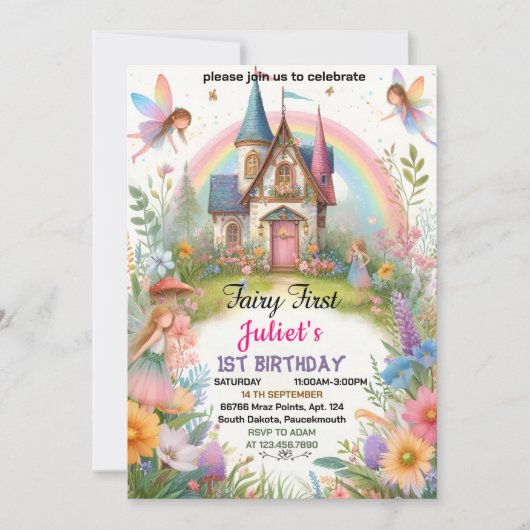 私たちの可愛いフローラピンクの女の子の妖精の最初の1歳の誕生日 招待状 (正面)
