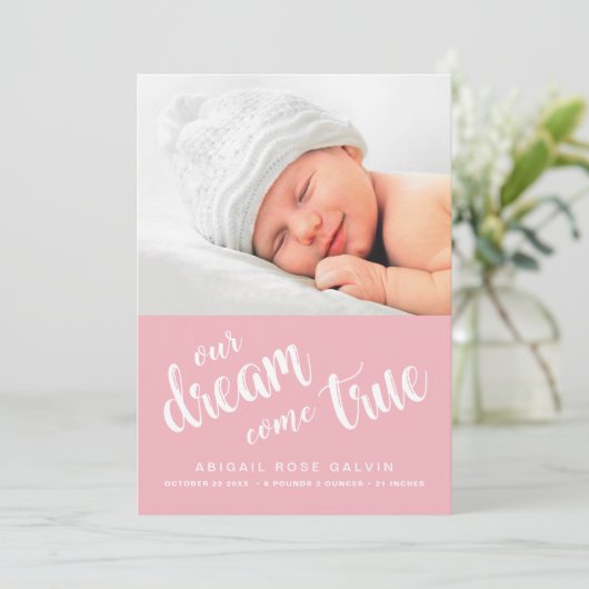 私たちの夢来真の写真スイートピンクの女の子誕生 案内状 (スタンド正面)
