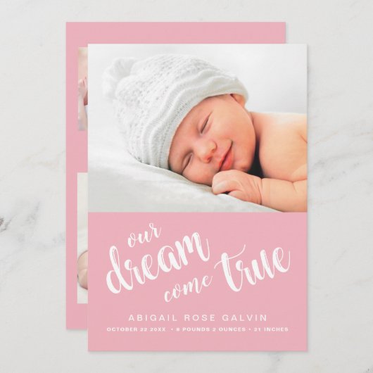 私たちの夢来真の写真スイートピンクの女の子誕生 案内状 (正面/裏面)