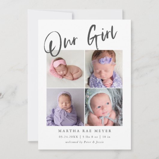 私たちの女の子ベビーフォトコラージュ誕生 案内状 (正面)