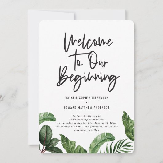 私たちの始まりのトロピカルグリーンの結婚式へようこそ 案内状 (正面)