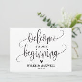 私たちの始まりの編集可能なウェディングサインへようこそ (スタンド正面)