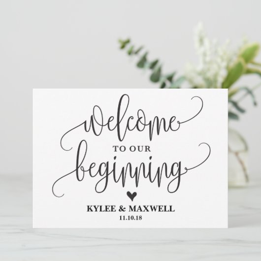 私たちの始まりの編集可能なウェディングサインへようこそ (スタンド正面)