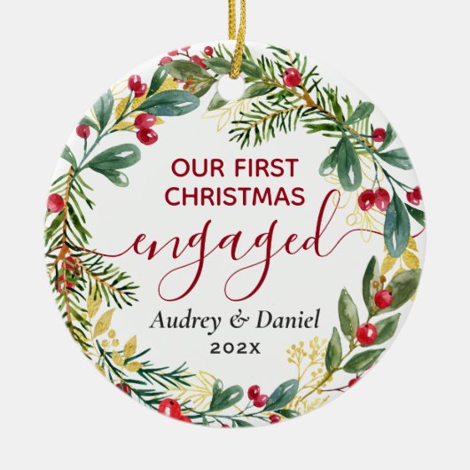 私たちの婚約した初めてのクリスマスエレガントカップル1st セラミックオーナメント (正面)