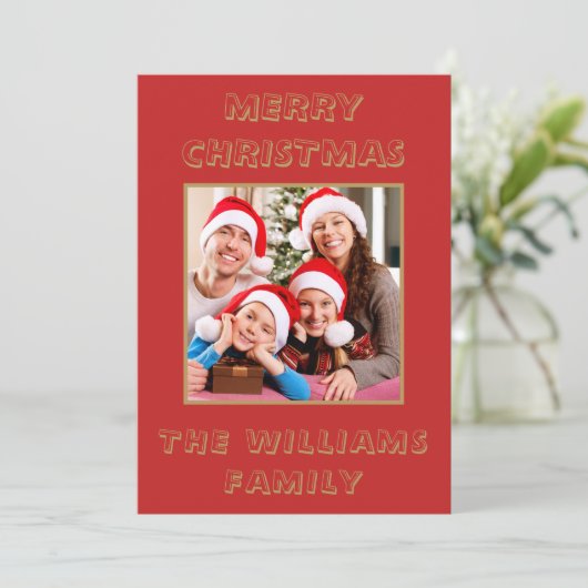 私たちの家からあなたの赤と金ゴールドのクリスマスフォト シーズンカード (スタンド正面)