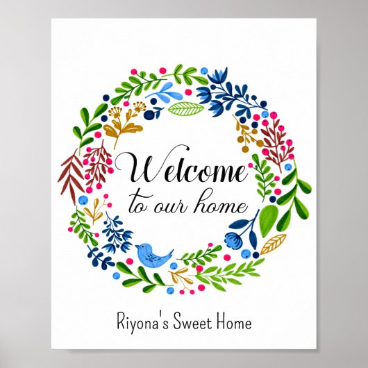 私たちの家へようこそ 緑 黒 花柄 タイポグラフィ ポスター (正面)