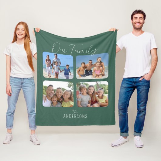 私たちの家族の書道台本4枚の写真グリーン フリースブランケット (インサイチュ)