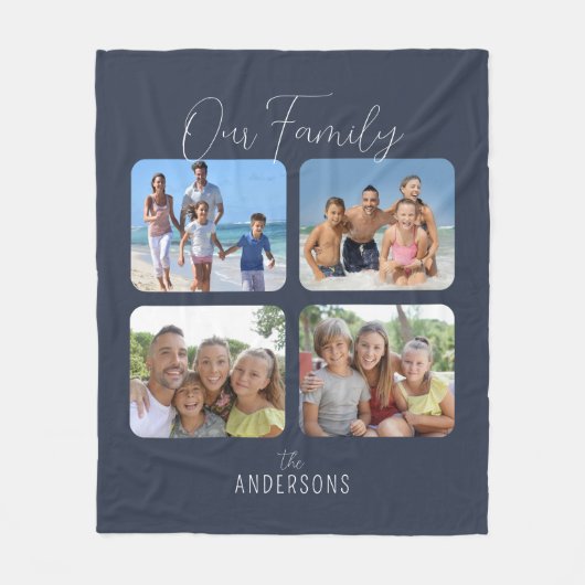 私たちの家族の書道台本4枚の写真ブルー フリースブランケット (正面)