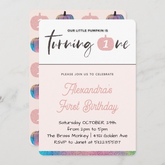 私たちの小さなかぼちゃが1歳の誕生日を迎える 招待状 (正面/裏面)
