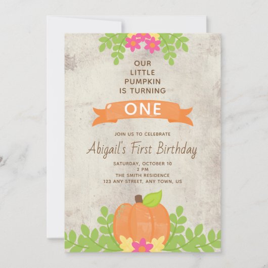 私たちの小さなかぼちゃのファーストバースデー ラスティックフラワー 招待状 (正面)