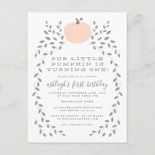 私たちの小さなかぼちゃの最初の誕生日パーティー インビテーションポストカード (正面)