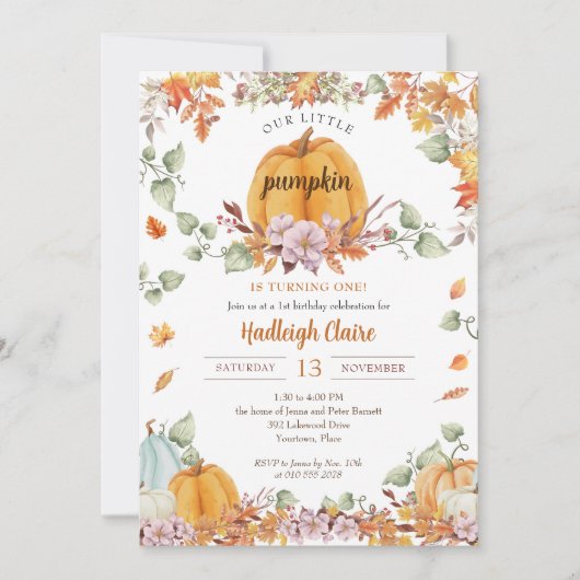 私たちの小さなかぼちゃの最初の誕生日パーティー 招待状 (正面)
