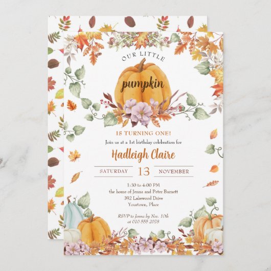 私たちの小さなかぼちゃの最初の誕生日パーティー 招待状 (正面/裏面)