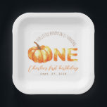 私たちの小さなかぼちゃの水の色の最初の誕生日パーティー ペーパープレート<br><div class="desc">カボチャテーマの秋の最初の誕生日のために、単語ONEはOの代わりに水色のカボチャを持ち、他の文字もオレンジと黄色の水色では、カボチャのように絵を描。その上には「小さなかぼちゃが回っている」というメッセージが書、茶色の手文字（すべてキャップ）でアーチ型の文字として書かれている。その下にはオレンジ色の手書き文字が入ってい書て、その下には茶色の文字で日付が入っている。カボチャはOpenAIからDALL-E 2で生成される。私は私の世代を商業目的を含むあらゆる法的目的のために使用し、それらを私の作品に組み込む権利を持っている。</div>