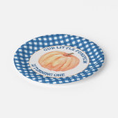 私たちの小さなかぼちゃの青い格子状最初の誕生日 ペーパープレート (アングル)