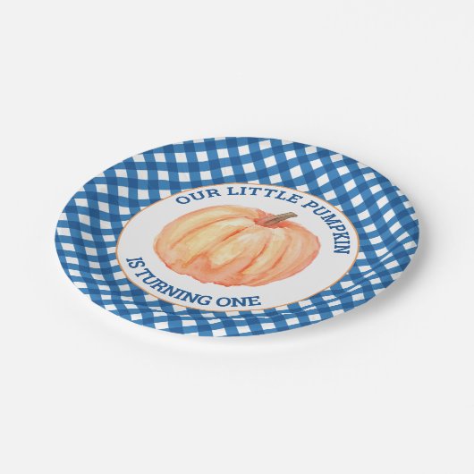 私たちの小さなかぼちゃの青い格子状最初の誕生日 ペーパープレート (アングル)
