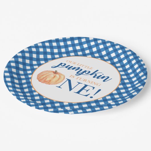 私たちの小さなかぼちゃの青い格子状最初の誕生日 ペーパープレート (アングル)