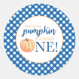 私たちの小さなかぼちゃの青い格子状最初の誕生日 ラウンドシール