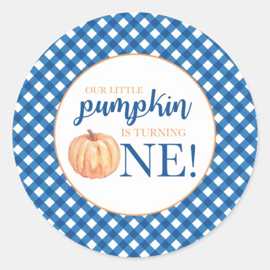 私たちの小さなかぼちゃの青い格子状最初の誕生日 ラウンドシール (正面)