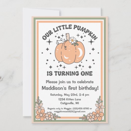 私たちの小さなかぼちゃの1番目の誕生日Groovyかぼちゃ 招待状 (正面)