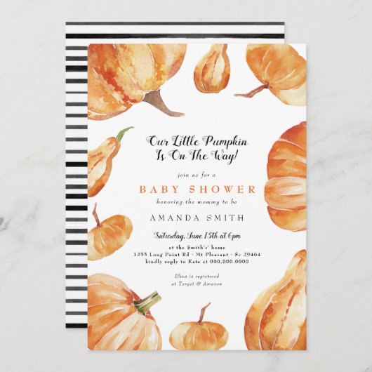私たちの小さなかぼちゃは赤ちゃんシャワーの途中にある 招待状 (正面/裏面)