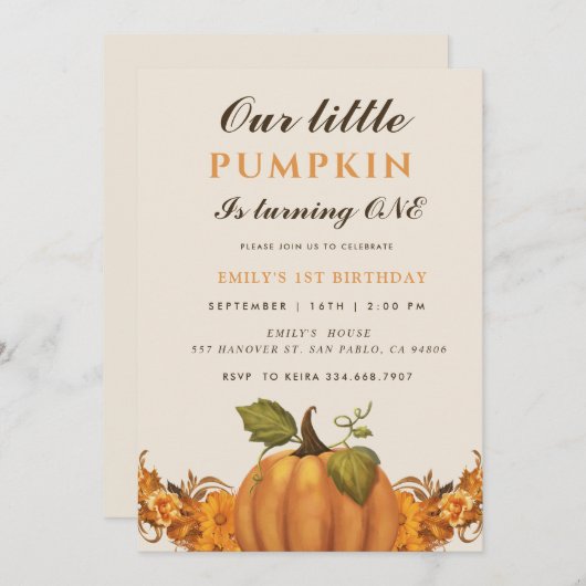 私たちの小さなかぼちゃは1歳の誕生日を迎える 招待状 (正面/裏面)